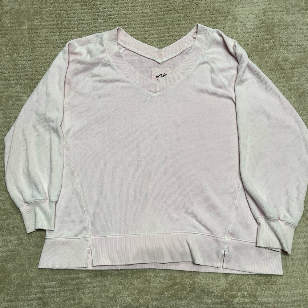 Aerie Pink V-Neck Long Sleeve Sweatshirt Womens size small pale pink oversized